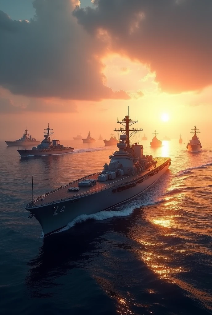 against the backdrop of a majestic sunrise,、A scene of the  Kivotos  Navy's fleet spread out on the sea. 

The dawn sky is slowly々The sky begins to brighten,、the moment the sun rises is the background.。the sea surface is still slightly dark,、amidst the vast expanse of quiet waves,、several battleships and destroyers,、A single aircraft carrier is prominently positioned at the center of the fleet.。The aircraft carrier is depicted in realistic detail,、It creates a majestic atmosphere together with other ships.。The rays of the sun illuminate the entire fleet, including the aircraft carrier,、their lights reflecting and shimmering on the sea surface,、symbolizing new hope that comes after the battle.。with emphasis on the fleet's arrangement and the natural depiction of the background,、with a composition that expresses a sense of grand scale.。