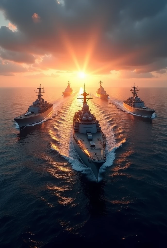 against the backdrop of a majestic sunrise,、A scene of the Kivotos Navy's fleet spread out on the sea.
The dawn sky is slowly々The sky begins to brighten,、the moment the sun rises is the background.。the sea surface is still slightly dark,、amidst the vast expanse of quiet waves,、several battleships and destroyers,、A single aircraft carrier is prominently positioned at the center of the fleet.。The aircraft carrier is depicted in realistic detail,、It creates a majestic atmosphere together with other ships.。The rays of the sun illuminate the entire fleet, including the aircraft carrier,、their lights reflecting and shimmering on the sea surface,、symbolizing new hope that comes after the battle.。with emphasis on the fleet's arrangement and the natural depiction of the background,、with a composition that expresses a sense of grand scale.。
