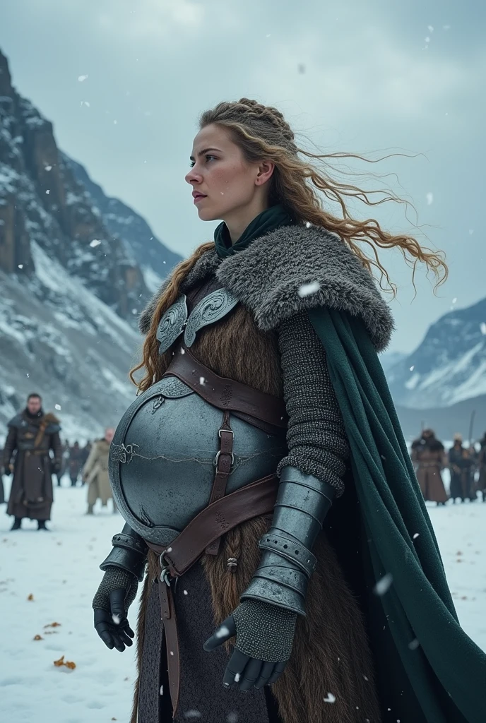 Very huge big belly pregnat viking woman battle chainmail winter snowing romantic