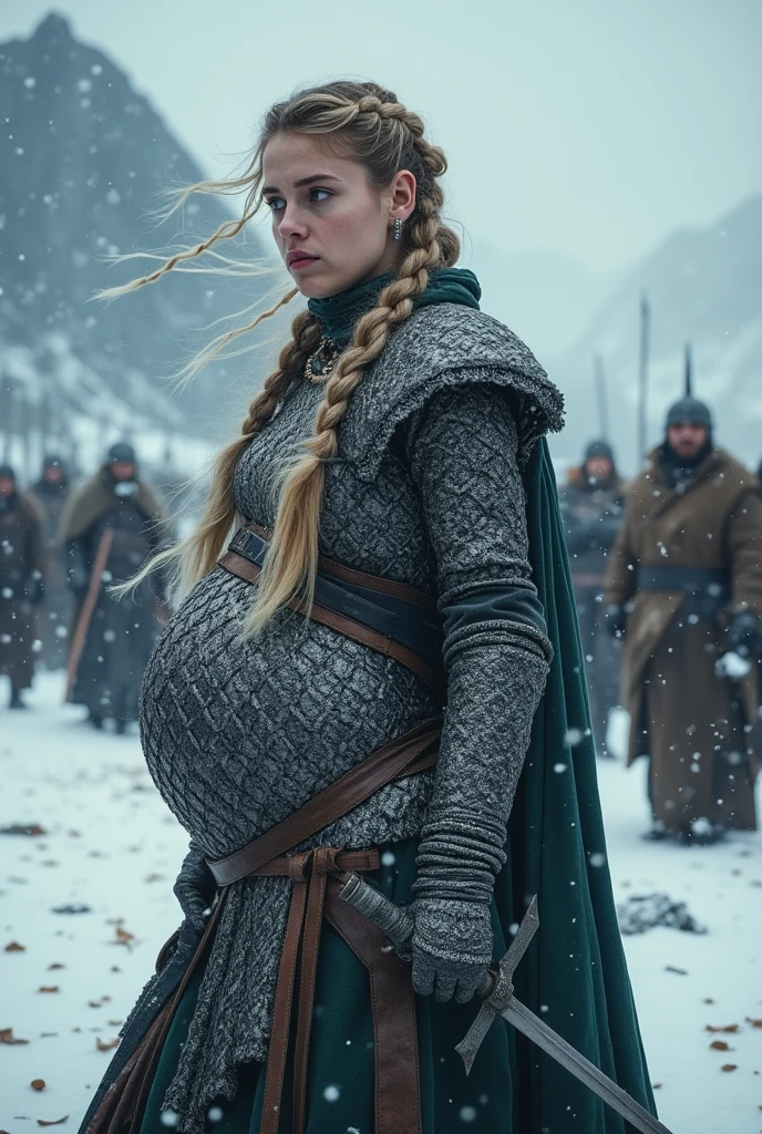 Very huge big belly pregnat viking woman battle chainmail winter snowing romantic