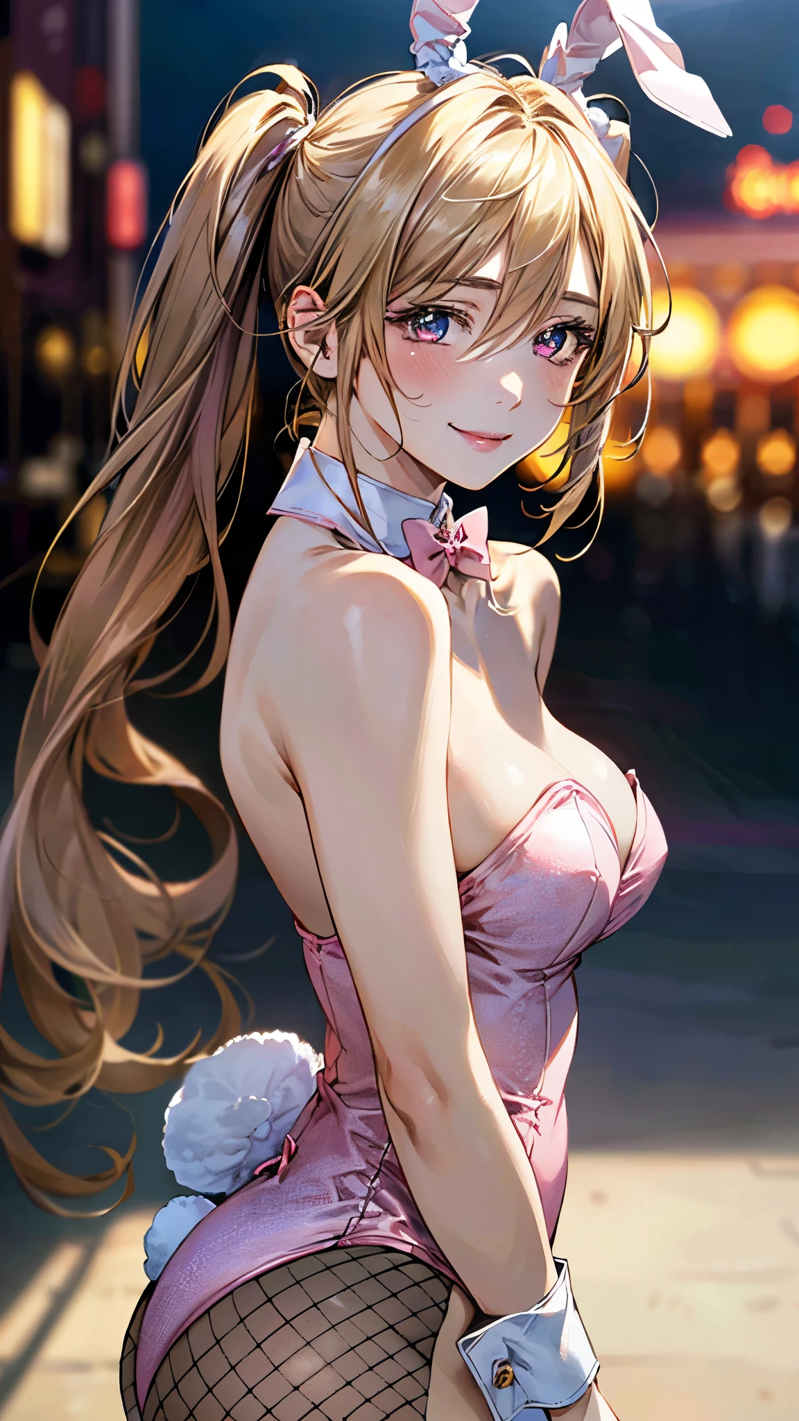 (masterpiece:1.3, top-quality, ultra-high res, ultra detailed), (realistic, photorealistic:1.4), beautiful illustration, perfect lighting, natural lighting, depth of fields, nsfw, (face focus, upper body),
looking at viewer, 1 girl, bunny girl, cosplay, (perfect anatomy, anatomically correct, super detailed skin), cute and symmetrical face, perfect face, perfect eyes, baby face, shiny skin,
(long hair:1.7, twintails:1.5, blonde hair), hair between eyes, red eyes, long eye lasher, (large breasts, seductive thighs, big ass),
beautiful hair, beautiful face, beautiful detailed eyes, beautiful clavicle, beautiful body, beautiful chest, beautiful thigh, beautiful legs, beautiful fingers,
((pink bunny girl)), bunny collar, cuffs, (fishnet tights), high heels,
(beautiful scenery), day time, (casino), standing, (hair twirling | hand in hair}, (lovely smile, upper eyes),