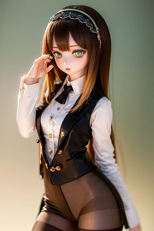 (SFW:2), photorealistic, realistic photo, 8k, ((highest quality)), ((masterpiece)), (extremely detailed), kukolnydom, doll, (mature woman, 21yo, 21 years old, solo:1.6), ((cowboy shot, stylish pose, slim, slender, skinny, medium breasts, hairband, ascot, vest, dress shirt, long puff sleeves, pleated skirt, black pantyhose)), (parted lips, green eyes, brown hair, long hair, plastic skin, looking at another, glass eyes, gradient eyes, shining eyes, detailed eyes:1.3)