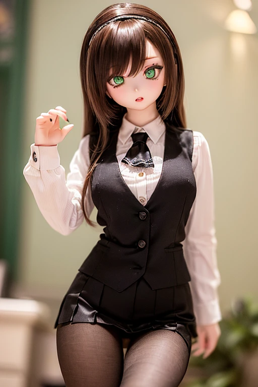 (SFW:2), photorealistic, realistic photo, 8k, ((highest quality)), ((masterpiece)), (extremely detailed), kukolnydom, doll, (mature woman, 21yo, 21 years old, solo:1.6), ((cowboy shot, stylish pose, slim, slender, skinny, medium breasts, hairband, ascot, vest, dress shirt, long puff sleeves, pleated skirt, black pantyhose)), (parted lips, green eyes, brown hair, long hair, plastic skin, looking at another, glass eyes, gradient eyes, shining eyes, detailed eyes:1.3)