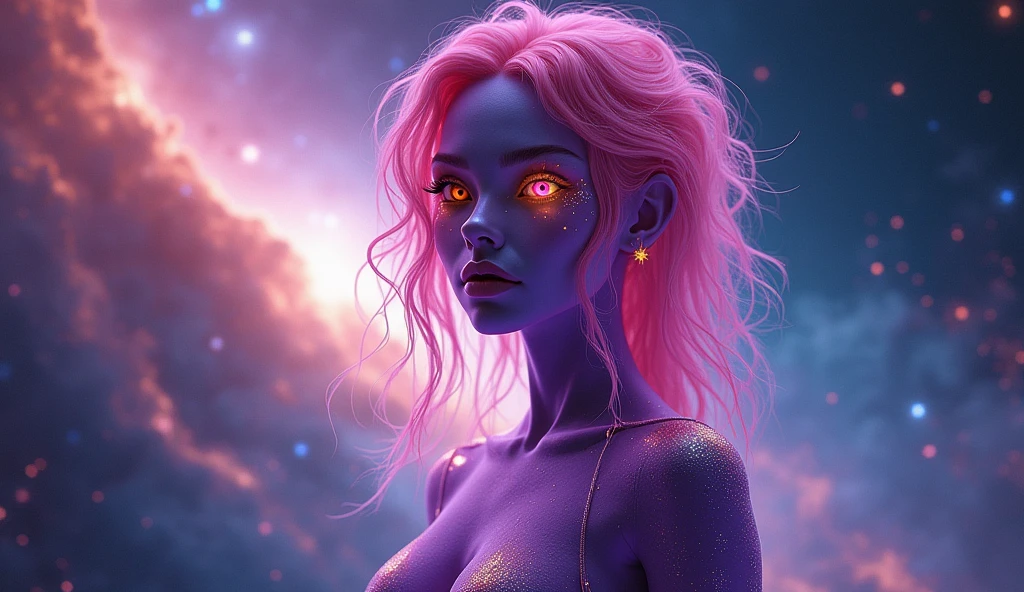 (full body of a better masterpiece: 1.5) 0.9], (beautiful alienigin queen, purple skin: 1.2) (Messy pink hair: 1.1) (Heterochromia xanthochromia and red eyes: 1, 2) (futuristic clothing: 1.0) (Colored stars in the eyes: 1.0) (A radiant glow: 1.1) (thick lips: 0.9) in the background a beautiful galaxy