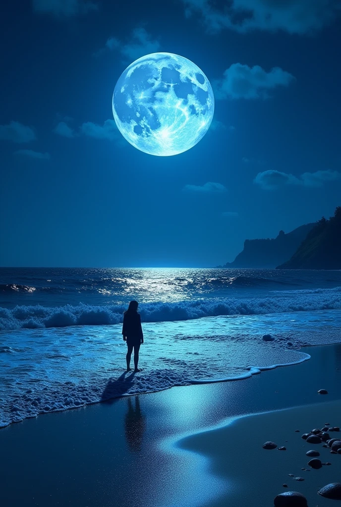 Night, blue moon, sea, beach, beautiful in detail, beautiful, fantastic