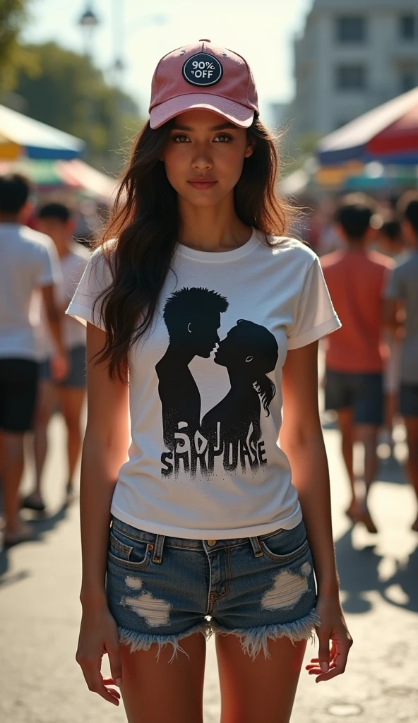 A beautiful Indonesian girl, wearing a t-shirt with a strong vector design featuring a silhouette image of a naked couple having sex in black colour. The sentence "50 EWU SAKPUASE" is displayed with bold and distressed typography pastel tone, The round pin stuck in the middle of the zumba cup hats reads "(90% OFF)", in a public place, surrounded by many men, large and sexy breasts, the pantiens reads "(OBRAL)" underwear, with a shooting angle from the front, very realistic, (complex detail: 0. 9), (hdr, hyperdetail: 1.2), RAW, Sony Alpha a9 II, 24-105mm f/4, HDR,