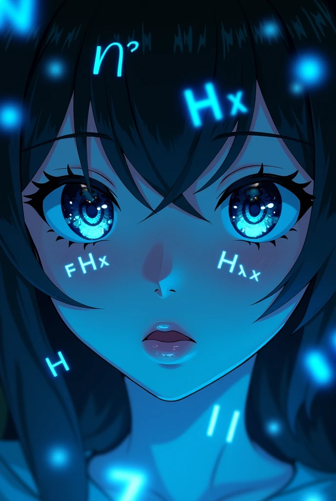 Close-up of anime girl's face, Glowing blue holographic equations projected onto the skin.. Strong gaze, Realistic features. Dark background, Cyberpunk aesthetics. Glowing math formulas, Handwriting style. Futuristic, High-tech atmosphere. Photorealistic rendering, Dramatic Lighting, In sharp contrast