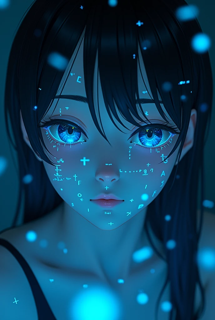 Close-up of anime girl's face, Glowing blue holographic equations projected onto the skin.. Strong gaze, Realistic features. Dark background, Cyberpunk aesthetics. Glowing math formulas, Handwriting style. Futuristic, High-tech atmosphere. Photorealistic rendering, Dramatic Lighting, In sharp contrast