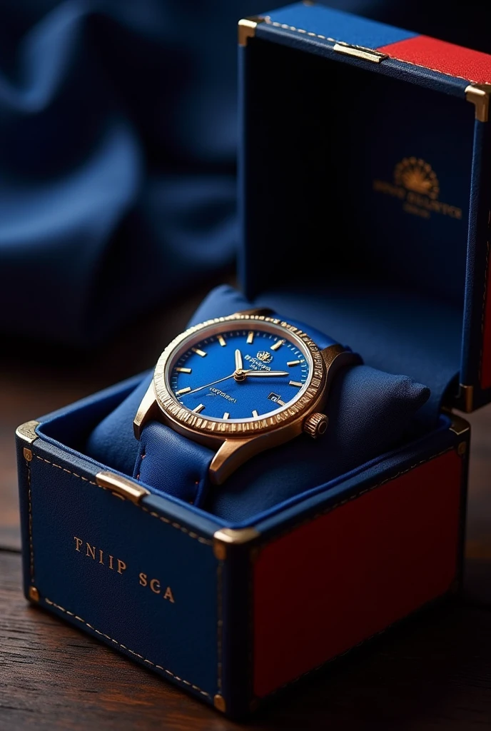 Create a blue watch, put it in a box. Use the Philippine Flag as inspiration