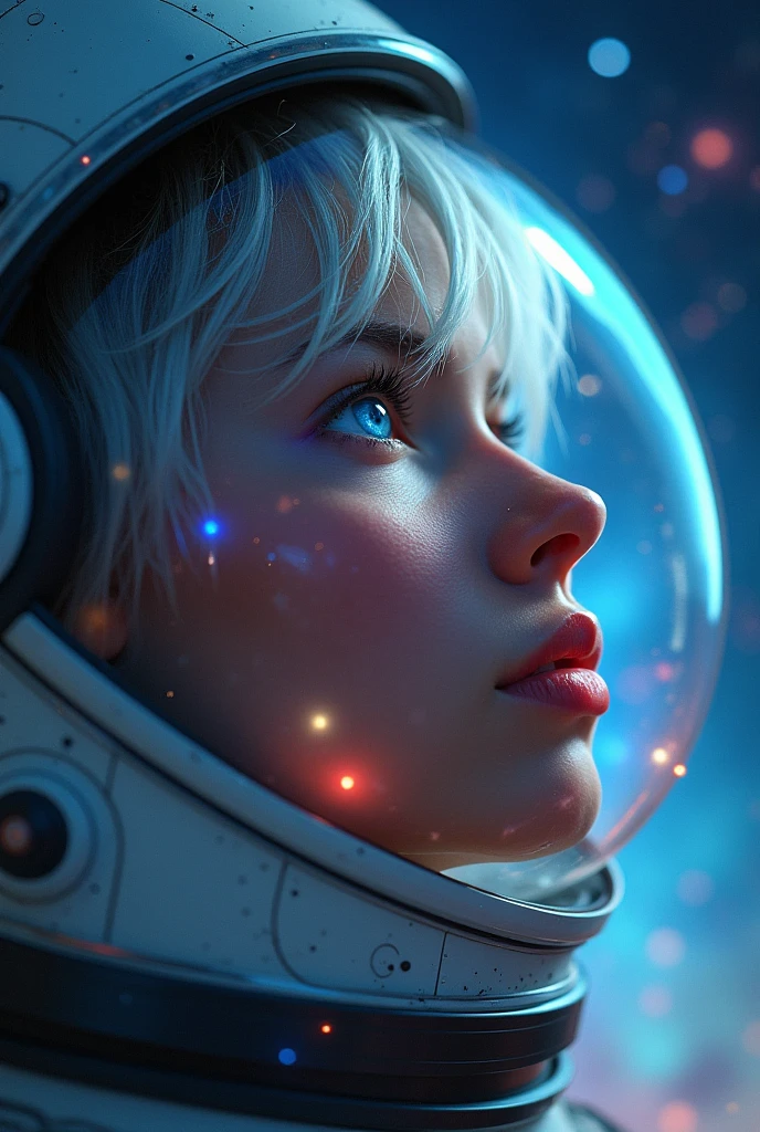 (Close-up of a better masterpiece:1.5)0.9], (Space and astronauts:1.2) (Messy silver hair:1.1) (Heterochromia xanthochromia and blue eyes:1.2) (Space Helmet:1.0) (Colored stars in the eyes:1.0) (A radiant glow:1.1) (thick lips:0.9)