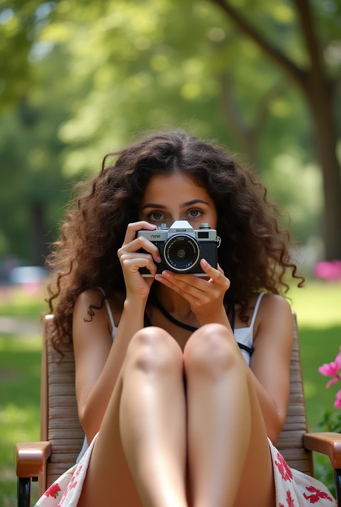 A brunette girl with curly hair and big breasts sits with her legs stretched out, taking a realistic photo