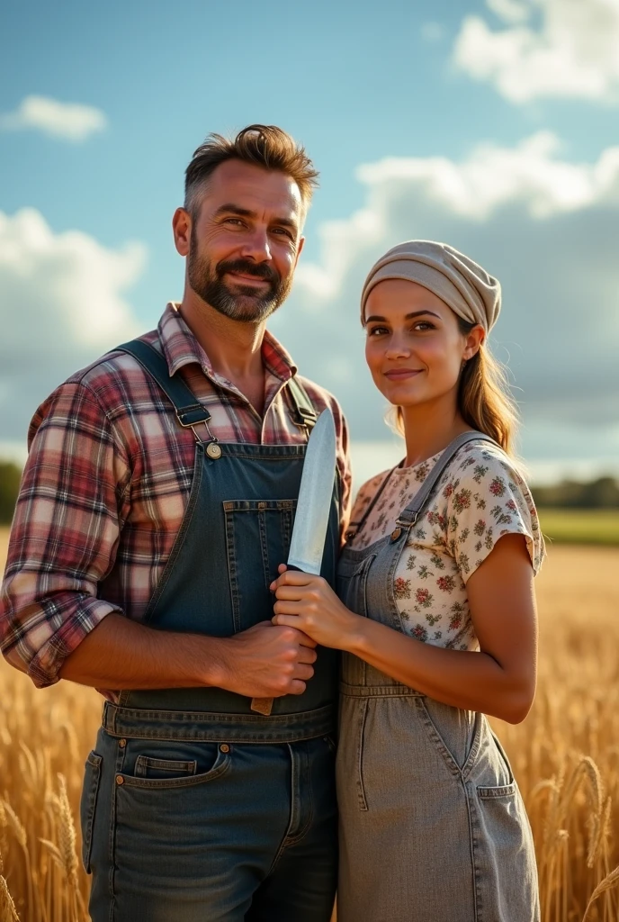 Farmer and his wife with butcher knife