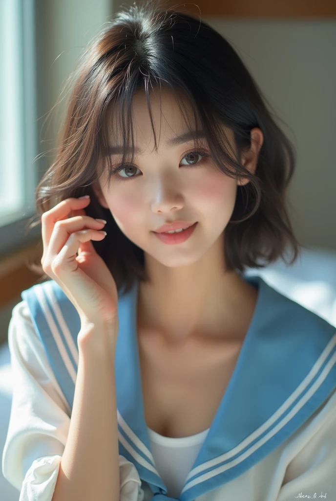 1 girl, Beautiful Japanese , Shooting from the front、1 girl, (Looking into the camera)、Beautiful Japanese girl, Long eyelashes, (RAW Photos, highest quality), (reality, Realistic:1.4), (Pieces fly), Beautiful fine details, Beautiful lip detail, Highly detailed eyes and face, BREAK is perfect anatomy, The whole body is thin, Small breasts, (short hair:1.3),Smile, Crystal skin, wake up, Capture the light, transverse small breasts、front view,camera view,full body,long leg,light blue sailor look,white panty