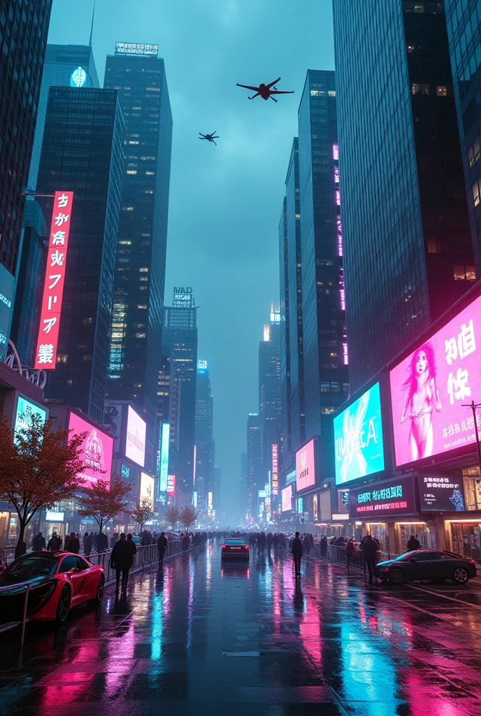 A futuristic city, full of neon signs and tall buildings.The city is at night, with neon lights contrasting with the darkness.