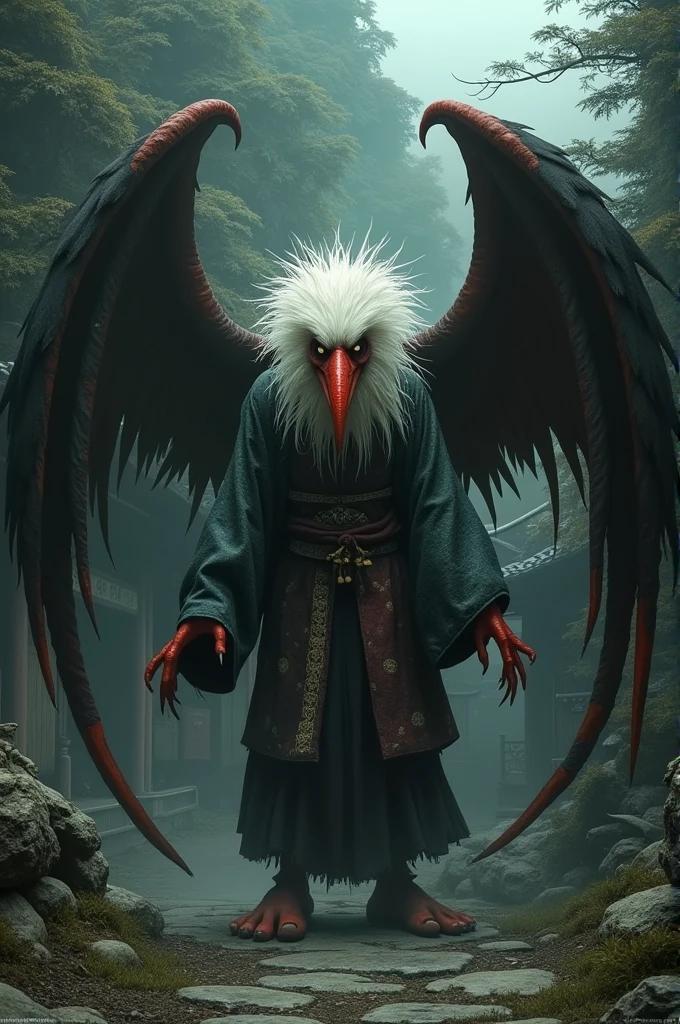 “A realistic depiction of a Tengu, shown from head to toe in a twisted, unnatural pose. The Tengu has white hair, a terrifyingly red face, and a long, protruding nose. Large wings are spread out behind its back, and it wears traditional Japanese wooden sandals (geta). The Tengu is dressed in the ancient garb of a Yamabushi, with the background set in a dimly lit, decaying mountain shrine or temple, reminiscent of the Japanese horror film ‘Ju-on.’ The scene is detailed and realistic, evoking a sense of eerie and terrifying atmosphere.”