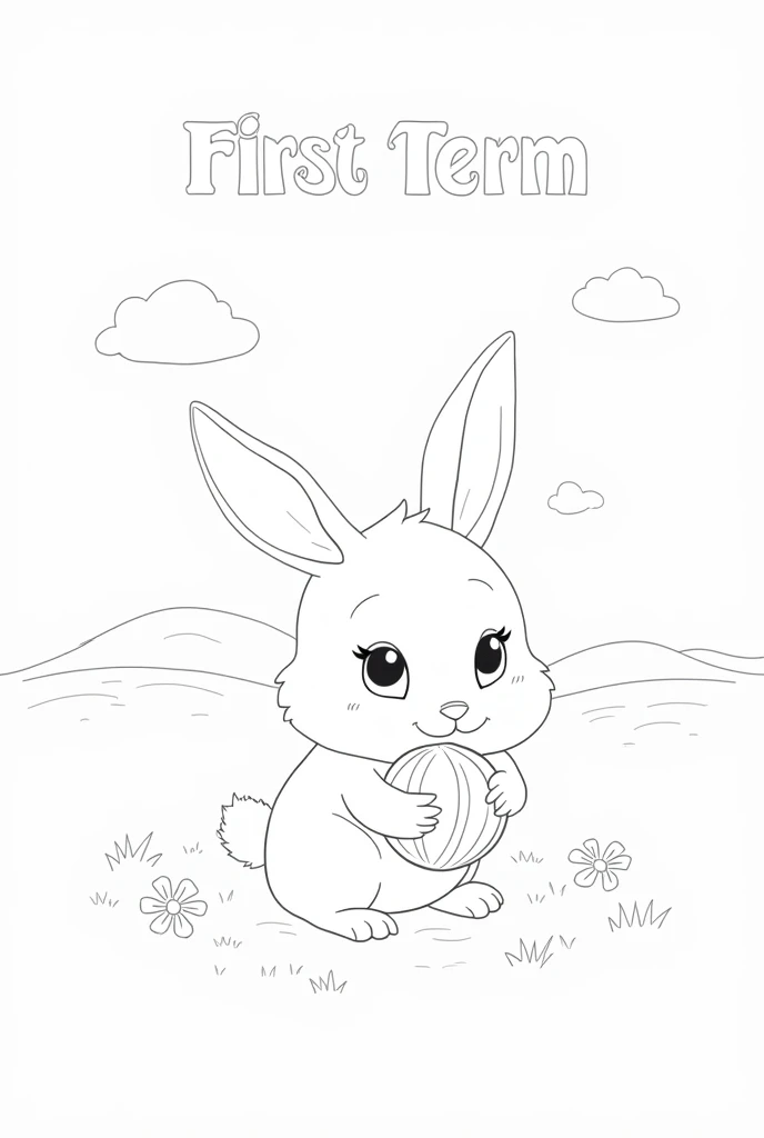 Black and white coloring book for kids cute baby rabbit in simple put in hand object like ball and write in front first term