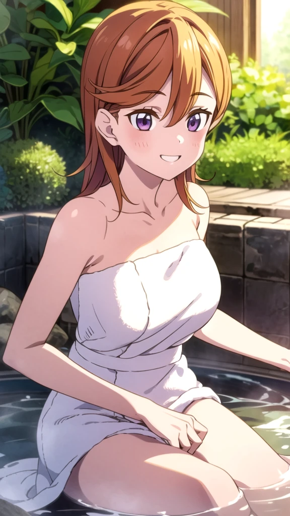 beauty smile Embarrassing blush Wrap a bath towel Big Breasts 濃いpubic hair pubic hair Completely naked sit hot spring