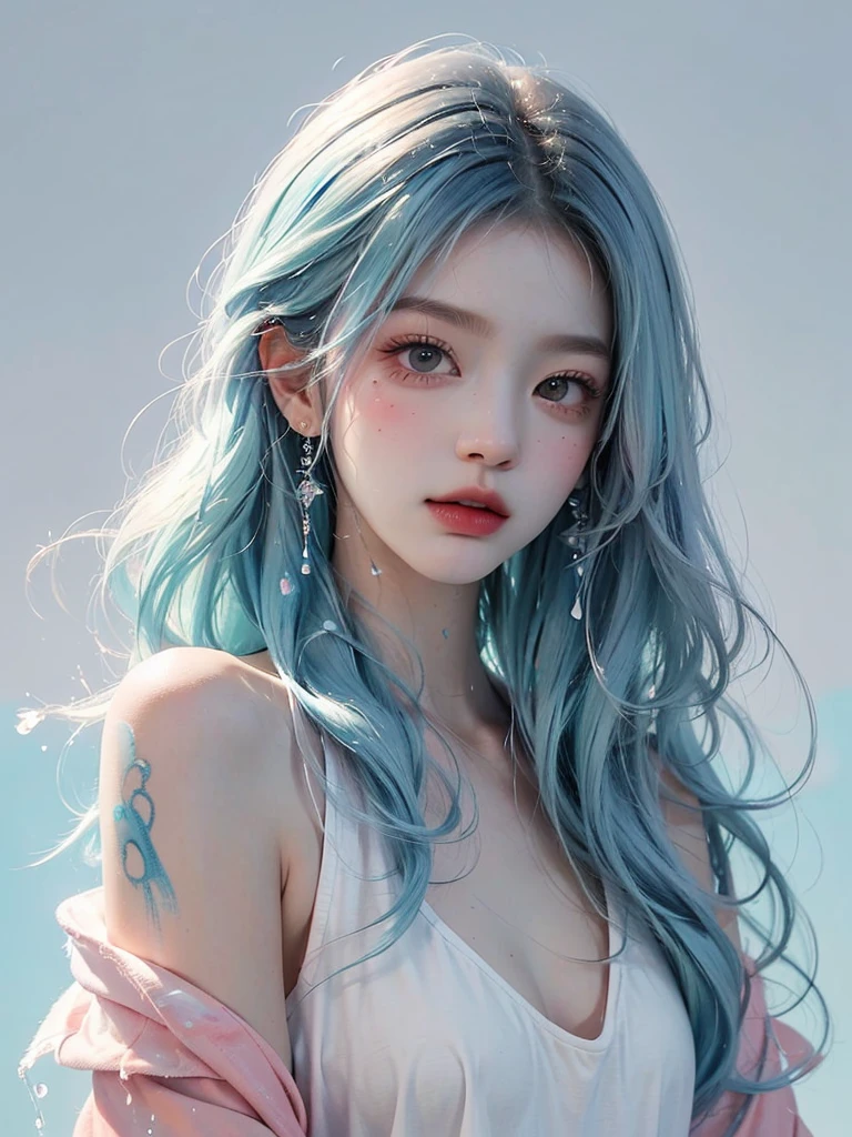 (Masterpiece, Best Quality, High Resolution), White Background, Acrylic Paint, ((Color Splash, Splash of Ink, Color Splash)), Sweet Chinese Girl, Long Light Blue Hair, [Light Blue|Pink] Hair, Curly Hair, Glitter, Peach Lips, White Shirt, Front, Upper Body