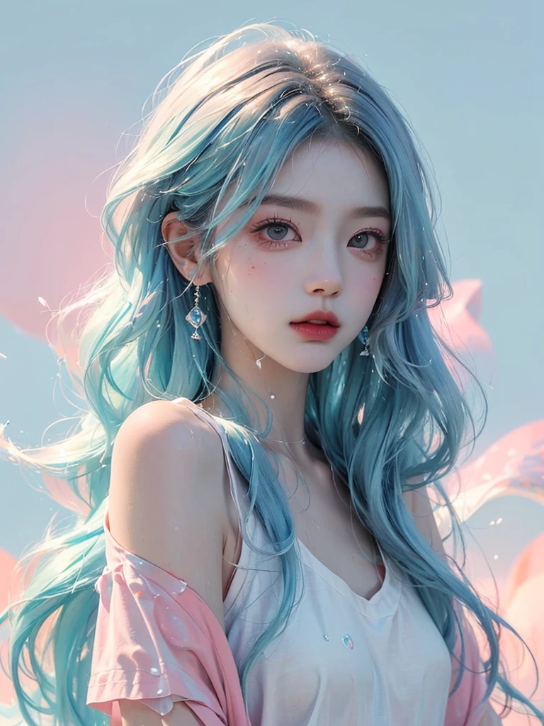(Masterpiece, Best Quality, High Resolution), White Background, Acrylic Paint, ((Color Splash, Splash of Ink, Color Splash)), Sweet Chinese Girl, Long Light Blue Hair, [Light Blue|Pink] Hair, Curly Hair, Glitter, Peach Lips, White Shirt, Front, Upper Body