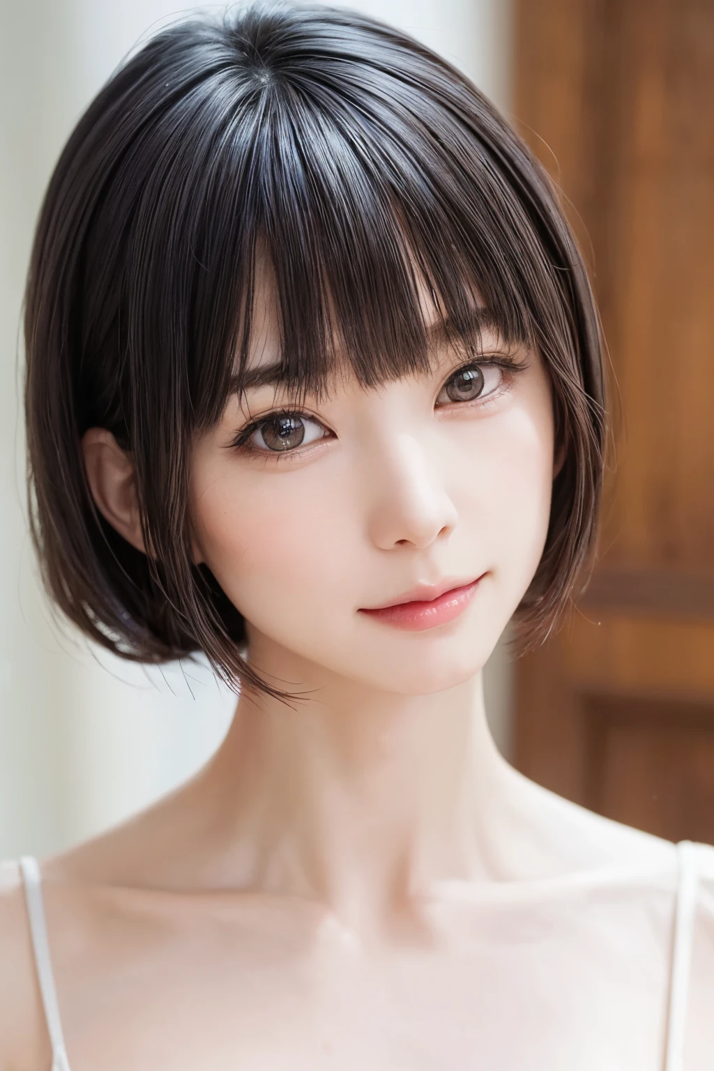 ((masterpiece, Highest quality, High resolution、Realisticですべてが美しく詳細に描かれている)), 1 person, (Realistic: 1.4), alone, White Background, snow-White Background, Mouth closed, smile, smile, Beautiful black hair, short hair, Big eyes, Transparent double eyelids, eyelash, Listen carefully, Long neck, 美しくLong neck, Absolute area, ((Face close-up)), (Draw the whole head, shoulder), 19 years old, Attractive proportions, Glowing Skin, Beautiful clavicle, Golden ratio face, Perfect Face, Teardrop-shaped mole, chestのほくろ, bangs, clean bangs, beautiful bangs, Lip gloss, Thin lips, Fair skin, naked, Big Breasts, {Huge|big|Hugeな|Mega} chest:2, chestの谷間:2,chestの谷間を見せる、Small face, Small face, All the heads are painted, shoulder all drawn, Point slightly above the camera