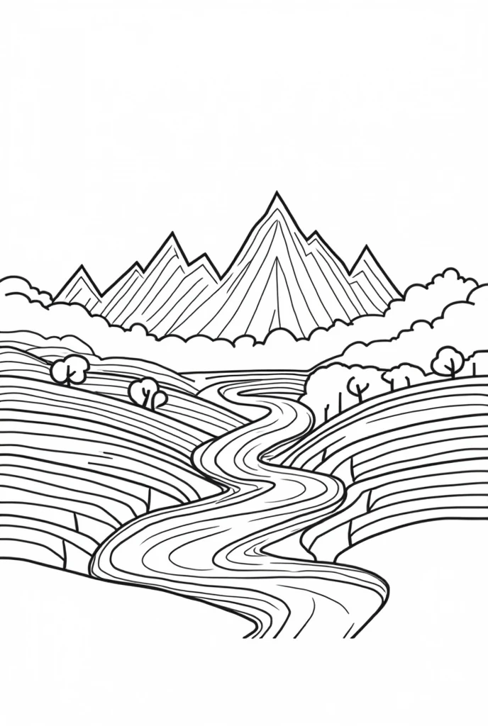landscape illustration with line expressions: vertical lines, horizontal lines, diagonal lines, spiral lines, parallel lines, and zigzag lines, should look like a landscape painting, should also have spiral lines, and should be easy to draw, prefer black and white or drawing style