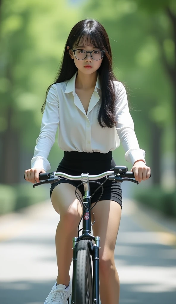 true photo, 12-years-old, Japanese girl, (riding bicycle on park road:1.4), wearing white blouse with collar and black skinny very short skirt, big breast, cleavage, without jacket, open some buttons to show brassiere, black skinny short skirt, (riding bicycle without helmet:1.2), sitting on bicycle saddle, (view including whole head and body and legs:1.4), (show white panties:1.2), weeping, crying, sad, dropping tears, thin and narrow waist 1belt, wearing thin and round frame glasses on face, brassiere seen through, standing in bright office, full body view, best quality, masterpiece, ultra high res, (photorealistic:1.4), brown eyes, double edged eyelids, slightly symmetric eyes, black long hair, (extremely detailed natural human skin), detailed natural human hair, detailed natural hum lips, looking at viewer, (detailed clothes:1.2), (extremely detailed eyes and face), 8k, RAW photo