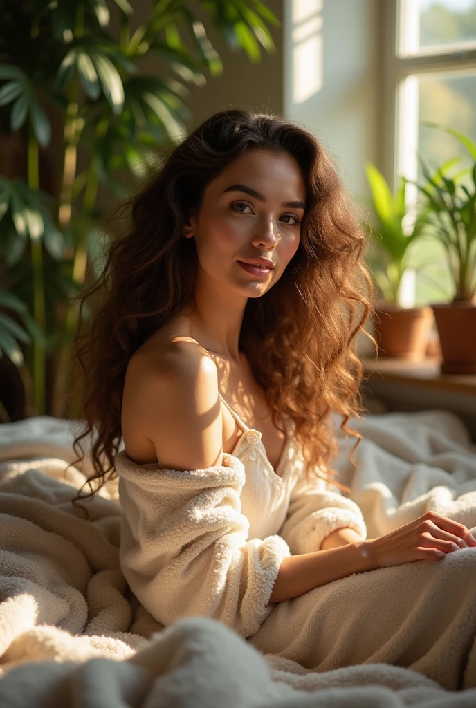 (photorealism:1.2), beautiful woman, sitting on bed, wearing loose off-shoulder top, pajama pants, long curly hair, indoors, soft lighting, plants in background, window with sunlight, cozy room, relaxed pose, realistic, intricate details, warm colors, by Greg Rutkowski, by Alphonse Mucha kissed by boy