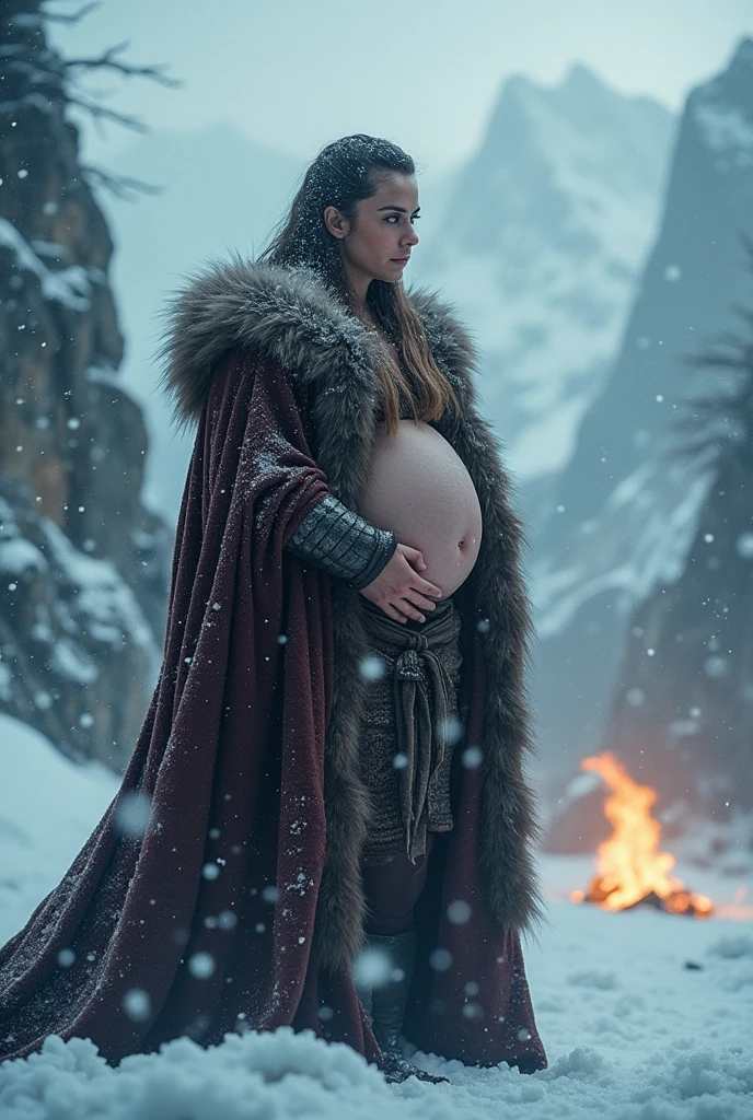 Very huge big belly pregnat viking woman battle robe winter snowing romantic
