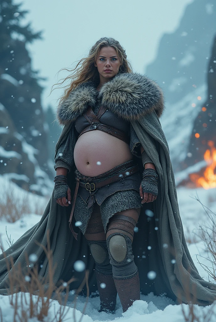 Very huge big belly pregnat viking woman battle robe winter snowing romantic
