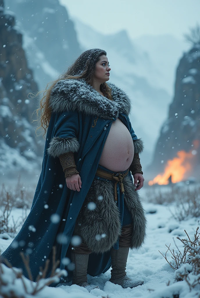 Very huge big belly pregnat viking woman battle robe winter snowing romantic