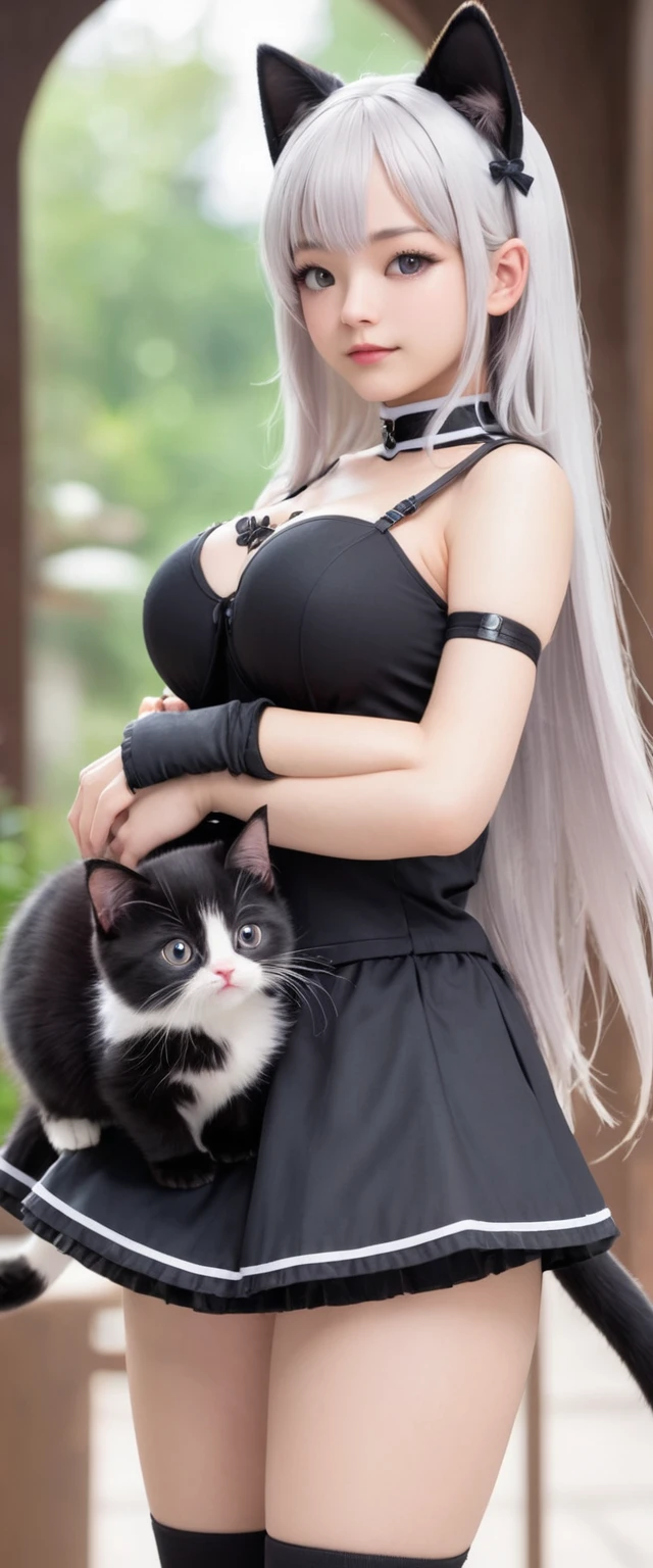 high quality, detailed, a very little black kitten and a magical girl,the magical girl is 18 years old, the magical girl has abnormal extra ultra huge udders, in magical wander land,