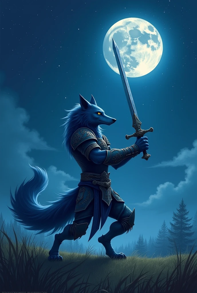 At night,in the field,humanoid blue wolf with yellow eyes weared armors training on sword