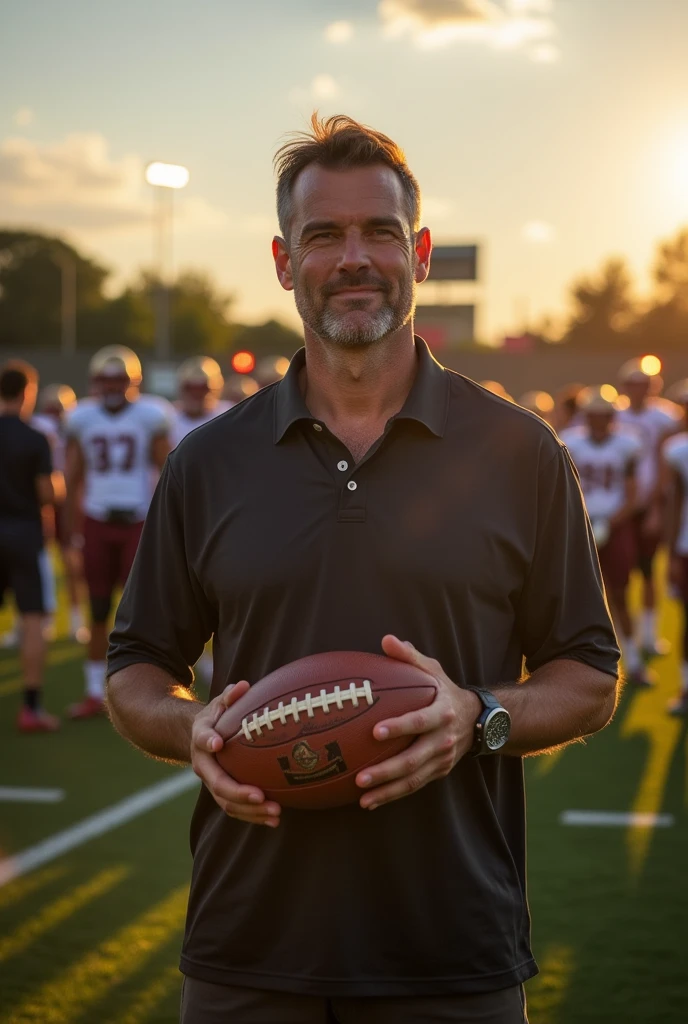Create an image of a football coach, in the center of the field with the ball in his hand, It shows that you can't win the game alone.
