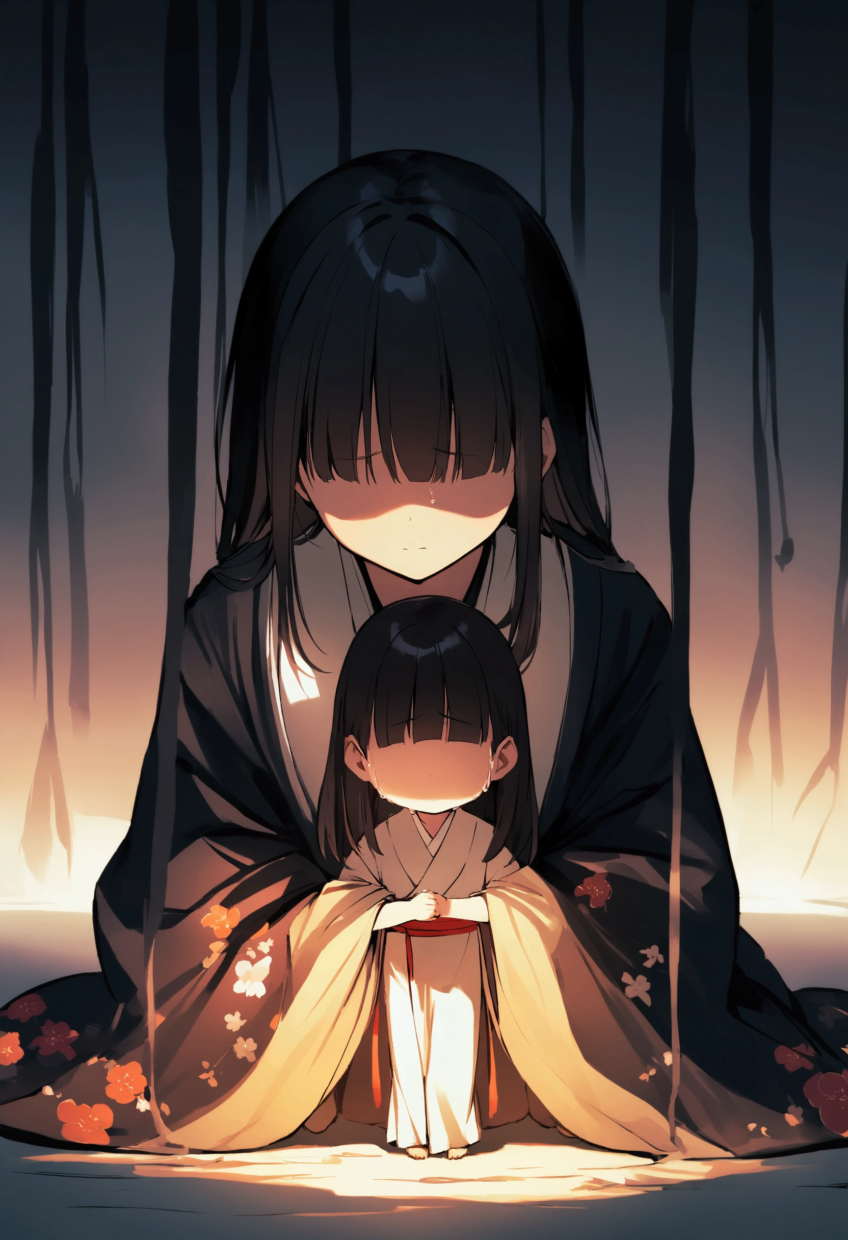 A child looking down、Girl、Cry、Sit on the ground、Wearing a kimono、long straight black hair、a pose with hands in front、Their bangs are hanging down, hiding their eyes.、Crying with mouth wide open
