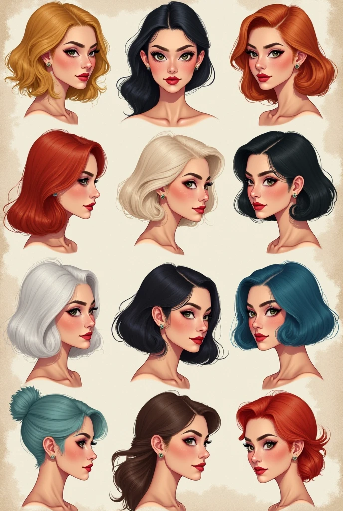 a set of women's avatars with different hairs and makeup, a detailed drawing, figurativism, by Miwa Komatsu, face variations, female hairstyles, various hair colors and styles, hair styles, various eyelid positions