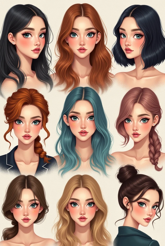 a set of women's avatars with different hairs and makeup, a detailed drawing, figurativism, by Miwa Komatsu, face variations, female hairstyles, various hair colors and styles, hair styles, various eyelid positions