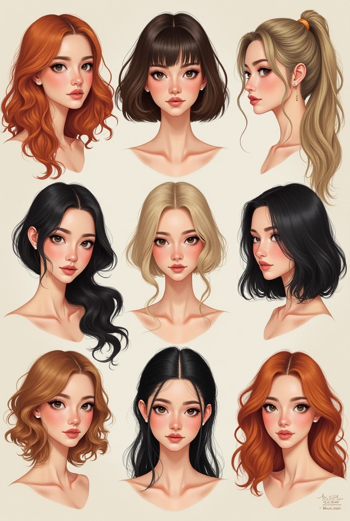 a set of women's avatars with different hairs and makeup, a detailed drawing, figurativism, by Miwa Komatsu, face variations, female hairstyles, various hair colors and styles, hair styles, various eyelid positions