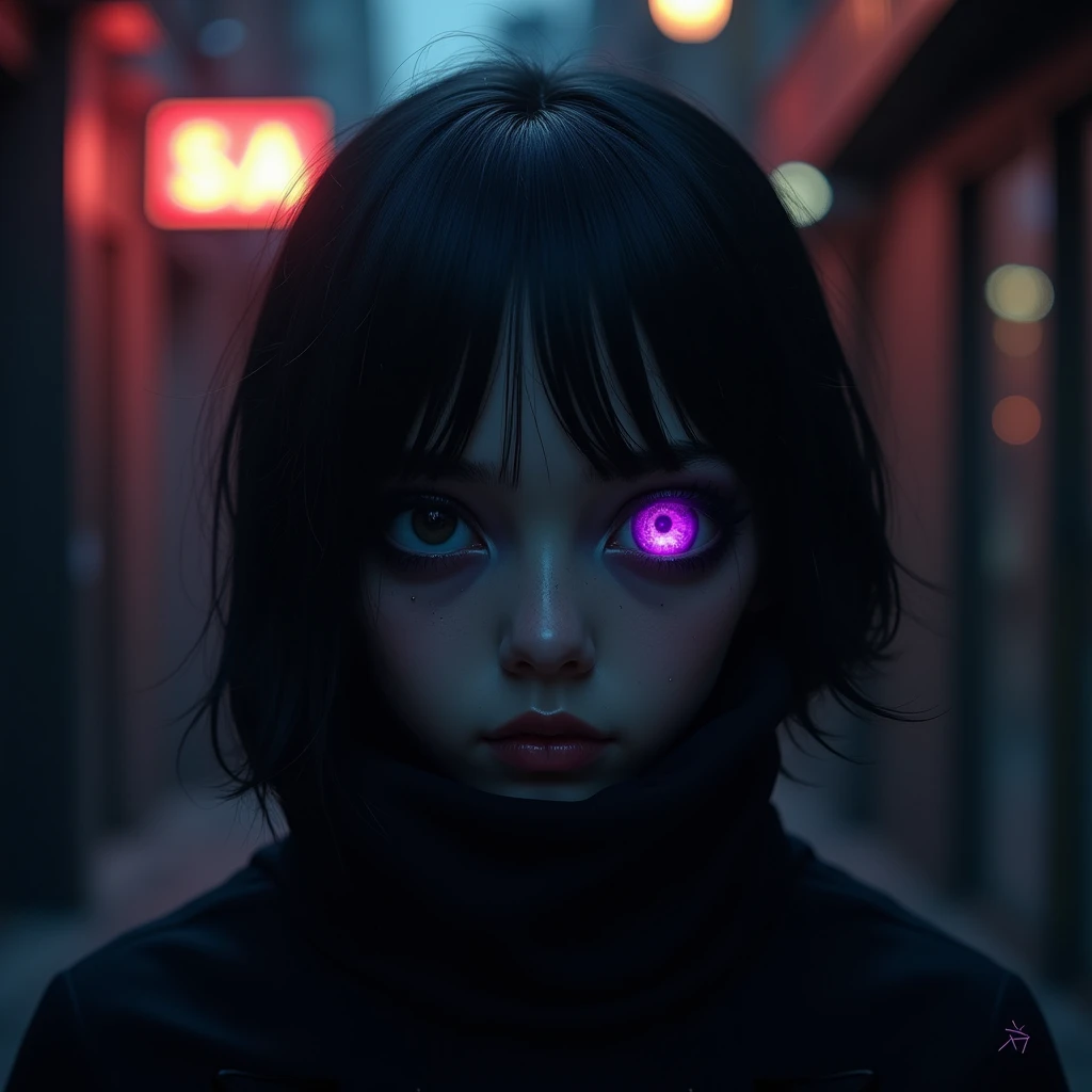 Put the purple iris in the right eye, black sclera and black pupil, in the left eye keep it and put the black sclera too