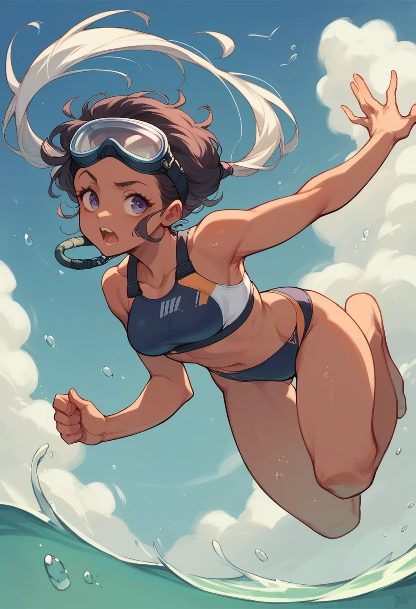 Arabian girl with a diving mask, diving goggles and swimsuits, dives into the depths