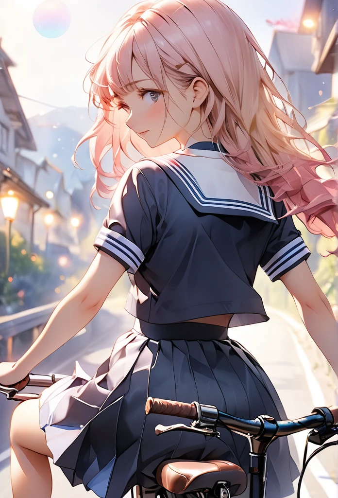 masterpiece, best quality, extremely detailed CG unity 8k wallpaper, Anime illustration of a high school girl riding a bicycle down an amazing downhill slope. She wears a sailor uniform. She is wearing a knee-length skirt. She is riding a bicycle with her legs spread to the sides. Angle seen from the back of the girl. It is painted in pastel colors and has a very emotional atmosphere. Watercolor. bokeh photography, (soft focus):1.2, out-of-focus highlights, dreamy ambiance, glowing circles, mesmerizing depth, depth of field