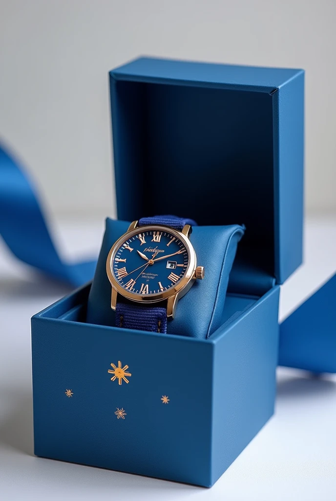 Create a blue watch, put it in a box. Use the Philippine Flag as inspiration. Show the whole box, dont cut image