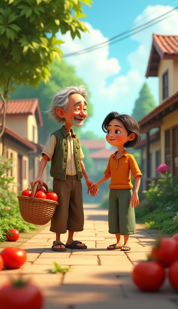 Uncle Tu is an old man, skinny with gray hair and tanned skin. He usually wears simple clothes like old shirts, long pants and sandals. Mr. Tu brought a basket of tomatoes to everyone in the neighborhood. Mr. Tu gave it to Mrs. Sau, 50 years old. 3D animation