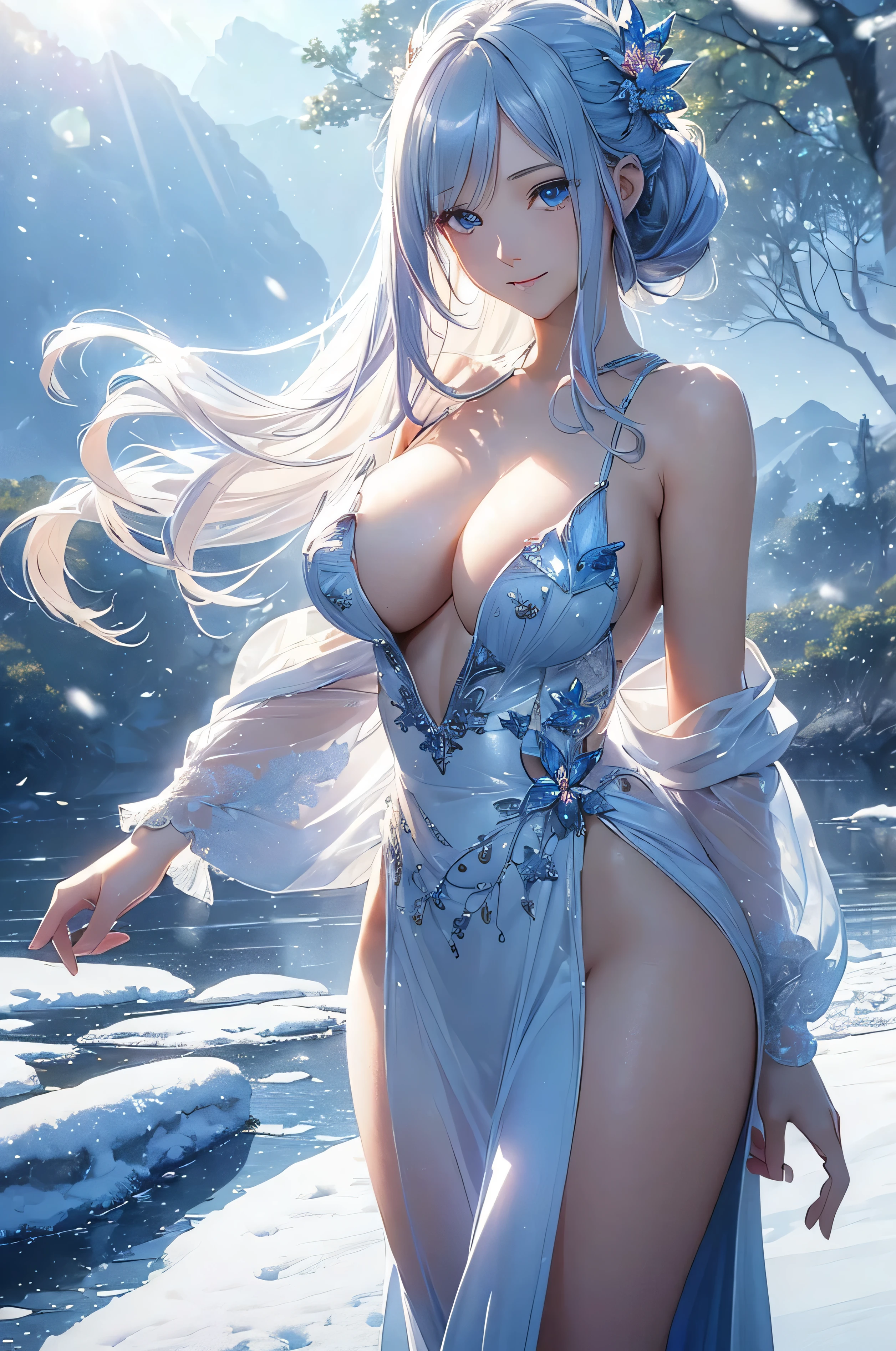 character: A beautiful woman, legendary, fairy, adult, (( white hoodie, innocent, manner)) ((((realistic oil art, 46-year-old Empress, vibrant look, with silver-bluish color hair, modest)), perfect body figure, very big breast, very big ass, beautiful face, milf, royal, shine eyes, blue eyes, ponytail long hair style, beautiful skin, Tachibana Omina art style, affectionate eyes, half a smile, a gentle expression on his face, serene scenery of spring under the snow, snow flake floating around, calm, breeze, sun, lake, reflection, in the background, butterflies in the sky, realism, ((Best quality))),8k,((Masterpiece)),(Extremely refined and beautiful), details: 1girl, masterpiece, extremely detailed, (beautiful detailed glow), lens flare, red flare lens, sun flare, clouds, backlighting, (blue sky) , light from behind, shadow on the figure, sparkling light , standing in the distance, looking at the viewer, full-length , elegance under the sun, hair ornament, movement motion, image look alive, Extremely details hair, fine details, cinematic lighting, beautiful lighting effect, creative design, full body frame, divine aura, hard harmony , sun light, perfect color transition, perfect balance of contrast, perfect color layer, perfectly smooth color blur, soft rendering, smooth color stroke, light glare, optic lens, light ray, soft colors, smooth colors blend, perfect color rendering, harmony, perfect color harmony, beautiful color, soft harmony, light particles, perfect details, intricate details, color prism, fine details, refine details, different view point)))