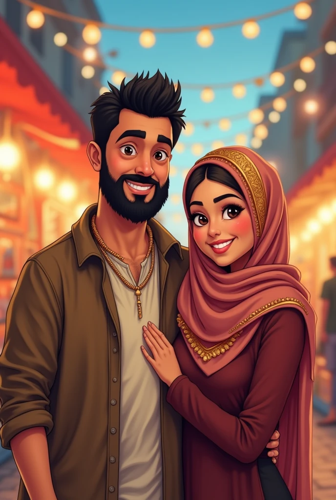 Tall chubby arab man white skin with a beautiful hijab girlfriend that has mole on the chin cartoon