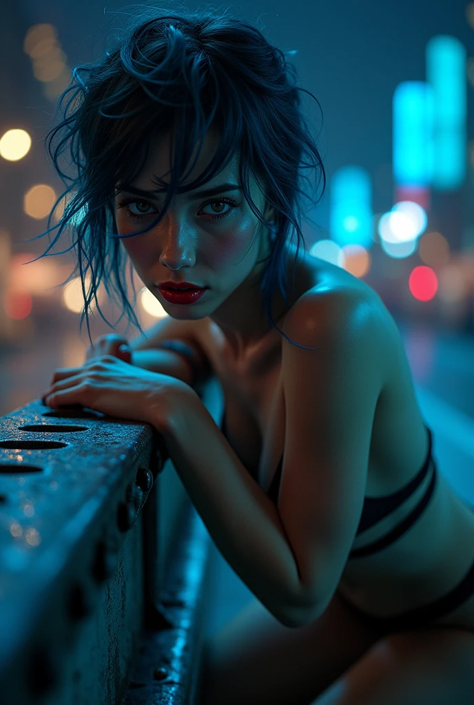 NSFW,open legs pose, naked pussy, open legs pose, ((raw photo), absurd, (absurdresolution)), ((full body view)), ((21 years)), beautiful girl, (Short, messy hair with bright neon blue highlights), (((The beauty of: Lisa, laLisa))), (deep gray eyes, seductive look, make up), ((ultra-sharp pupils， Red lipstick, blush)), ((seductive pose)), (((naked))), ((dark make up, Digital art, trend in artstation, highly detailed, good detail, Intricate, beautiful detailed glow, detailed, cinematic lighting, High resolution, detailed facial features)), ((Leaning on a riveted steel bridge beam facing the viewer)), (Photographic perspective), vivid, bright colors, (((bottom: dark city at night)))