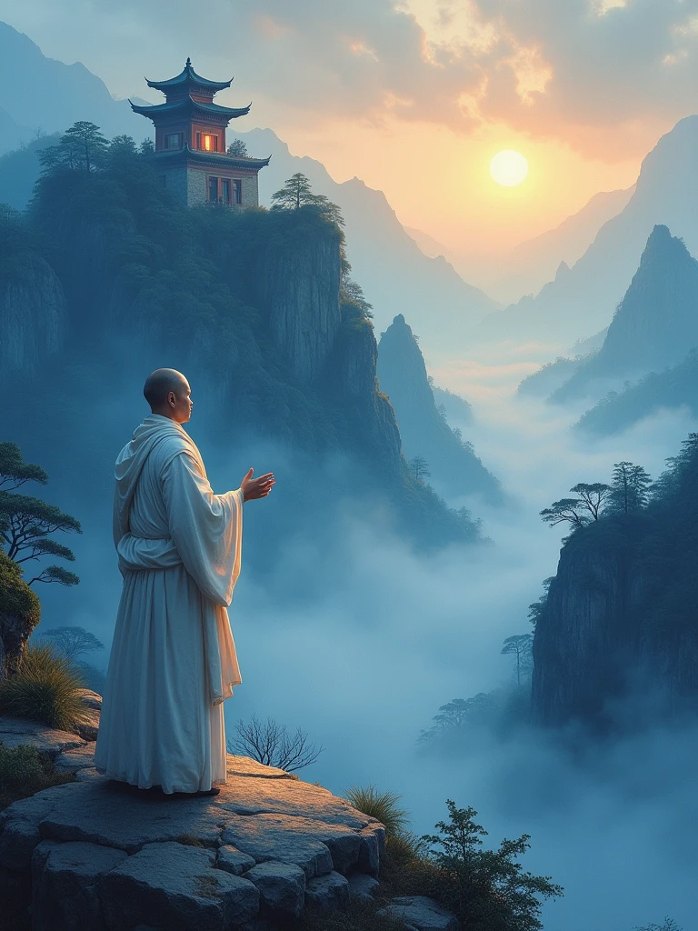 A meticulous painting style that combines ink and watercolor。,The first rays of light at dawn，Ancient temple scene over a misty valley，Monk in white robe，Telling stories of ancient ghosts，The painting was inspired by，Dark blue，Ethereal，Morning Silence，Understand。The main tone of blue