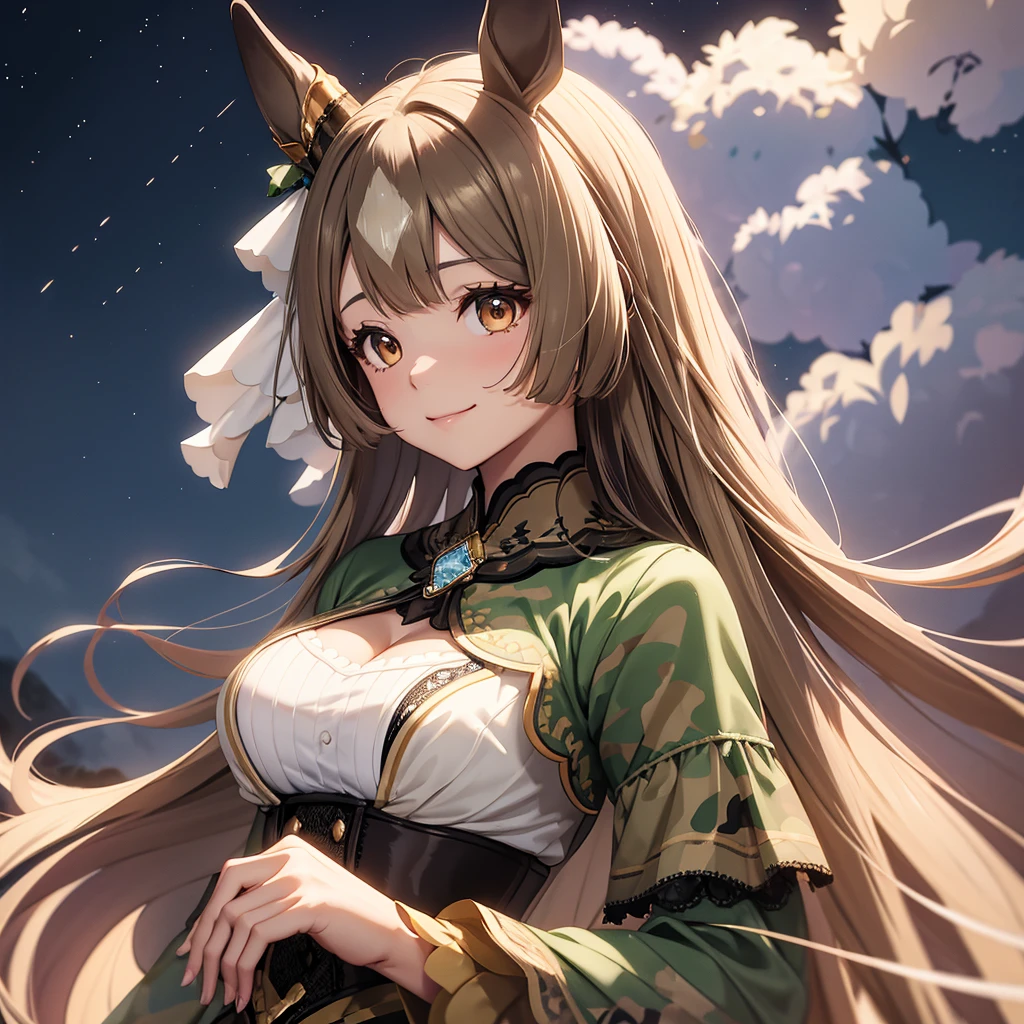 A beautiful girl with horse ears、Gummy Smile、Hands behind your head、Prone、Beautiful breasts、Dark green long negligee、At dusk、super high quality、Maximum resolution、Best assembly、Correct body structure、High angle、Details above the knee
