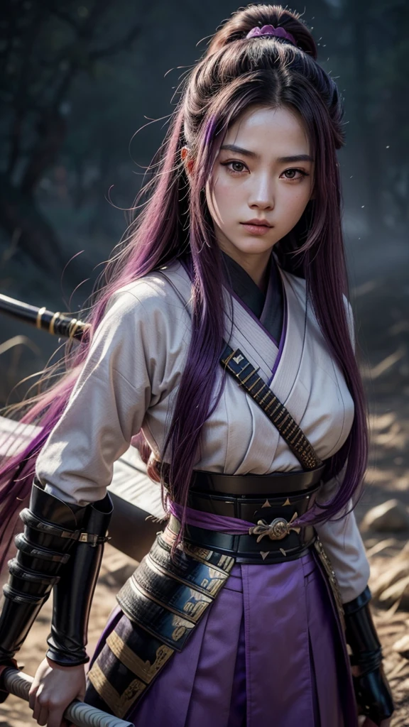A young female samurai with long purple hair and purple eyes, wearing purple Japanese armor, holding a katana, set in a battlefield. Photo realistic, 8K quality, masterpiece, high resolution, high quality.
