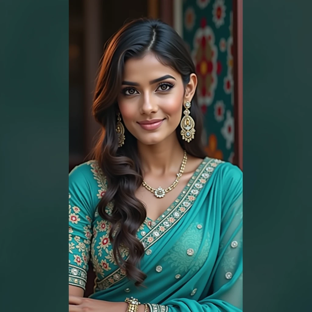 a beautiful indian model wearing an elegant saree, intricate embroidery, flowing fabric, graceful pose, serene expression, soft lighting, colorful background, ornate jewelry, delicate makeup, cinematic composition, photorealistic, highly detailed, 8k, best quality, masterpiece, vibrant colors
