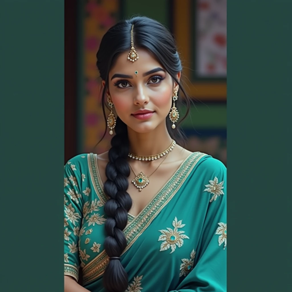 a beautiful indian model wearing an elegant saree, intricate embroidery, flowing fabric, graceful pose, serene expression, soft lighting, colorful background, ornate jewelry, delicate makeup, cinematic composition, photorealistic, highly detailed, 8k, best quality, masterpiece, vibrant colors